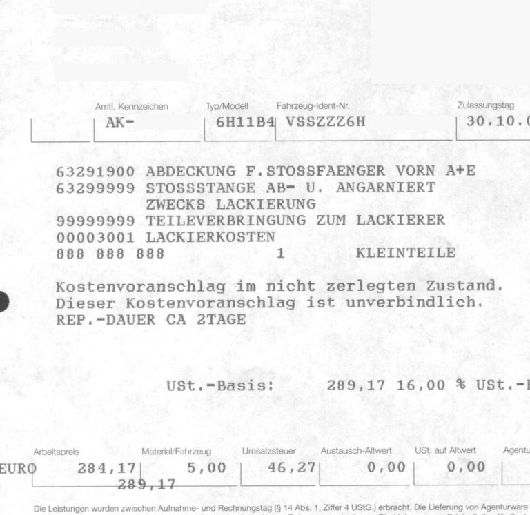 Kostenvoranschlag Beispiel nach einem Kfz Unfall Kare Sachverständigen-und Gutachtenbüro